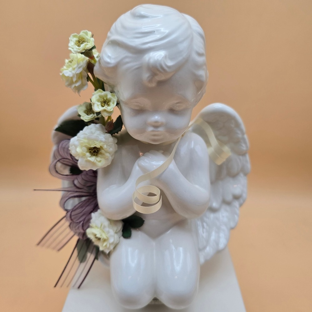 Vintage White Ceramic Rotating Cherub Angel Figurine on Pedestal with Flowers - Picture 2 of 16